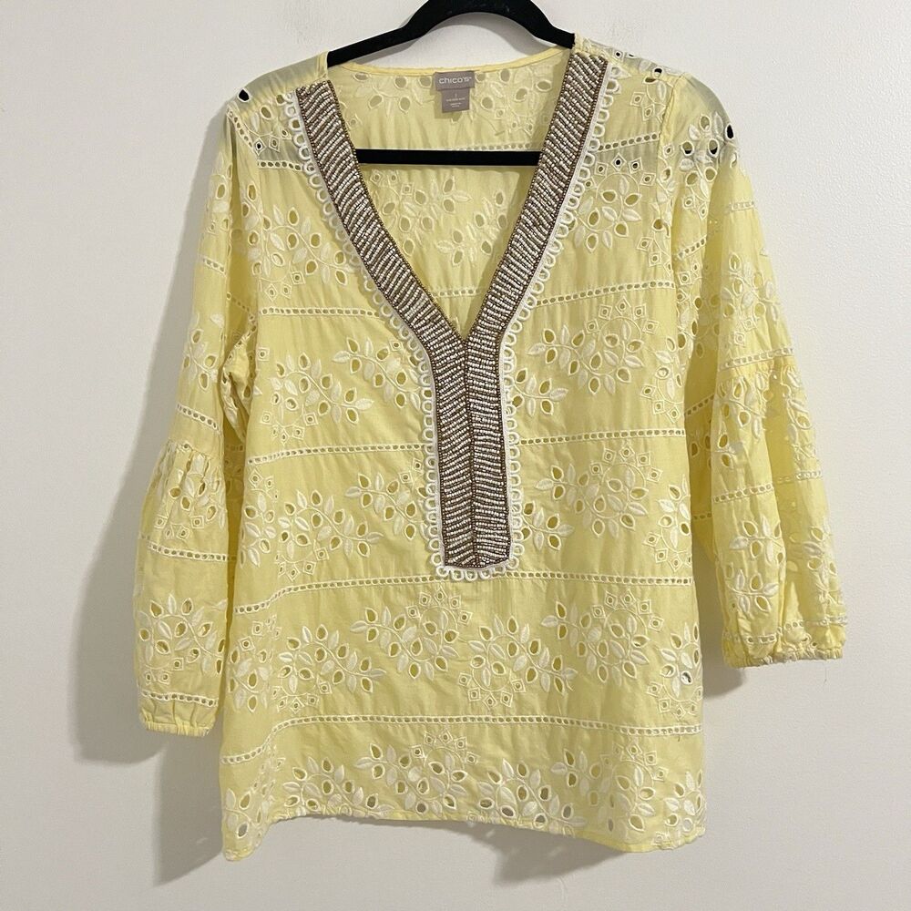 Chicos Embellished Eyelet Top Size 1 US 8/10 Butter Yellow Blouse Boho Balloon